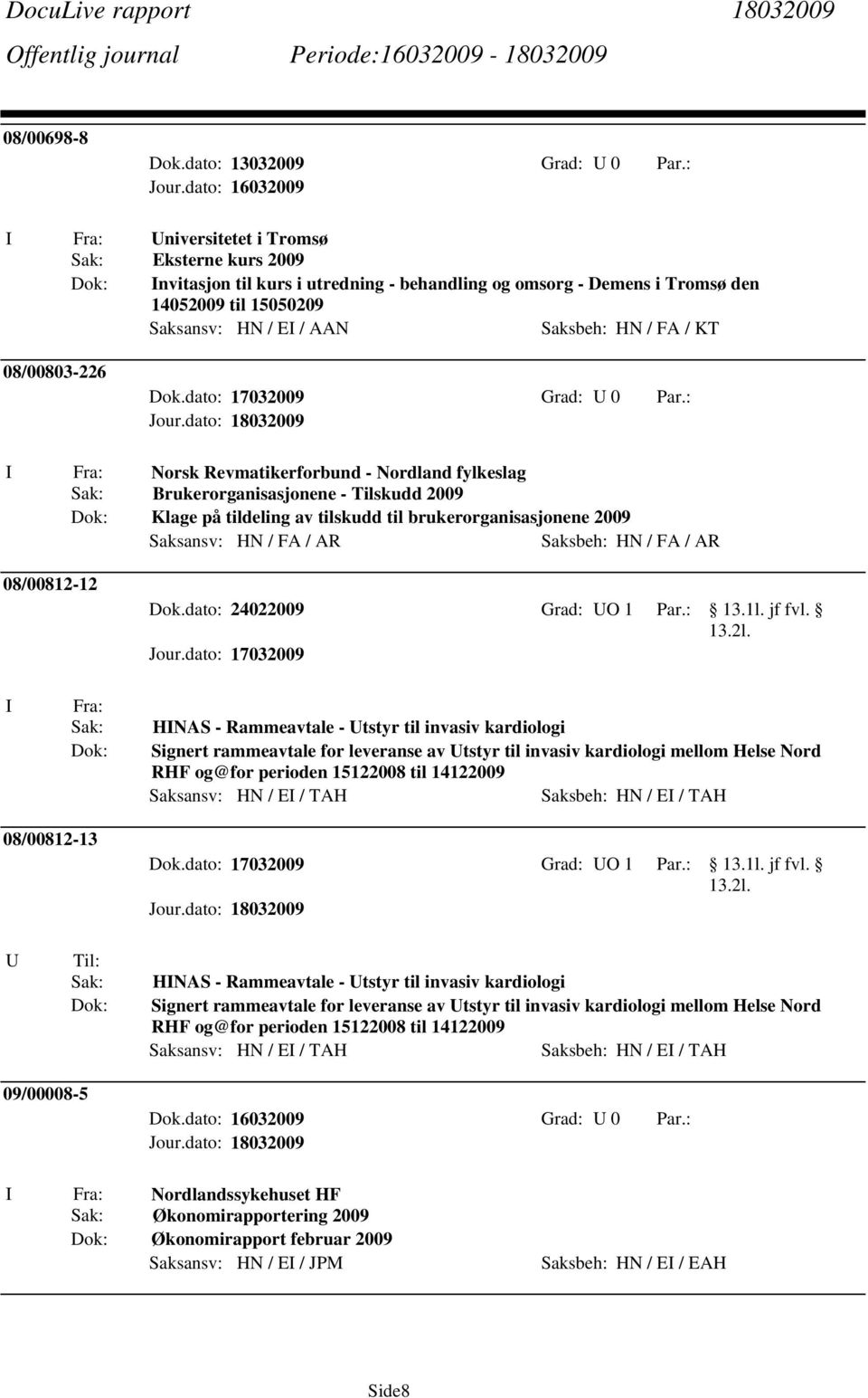 : I Fra: Norsk Revmatikerforbund - Nordland fylkeslag Sak: Brukerorganisasjonene - Tilskudd 2009 Klage på tildeling av tilskudd til brukerorganisasjonene 2009 08/00812-12 Dok.