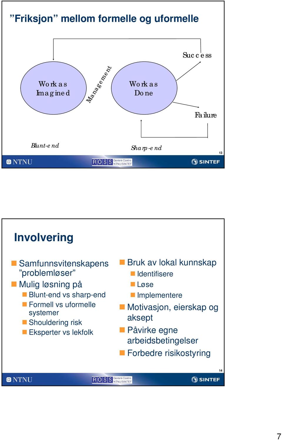 sharp-end Formell vs uformelle systemer Shouldering risk Eksperter vs lekfolk Bruk av lokal kunnskap