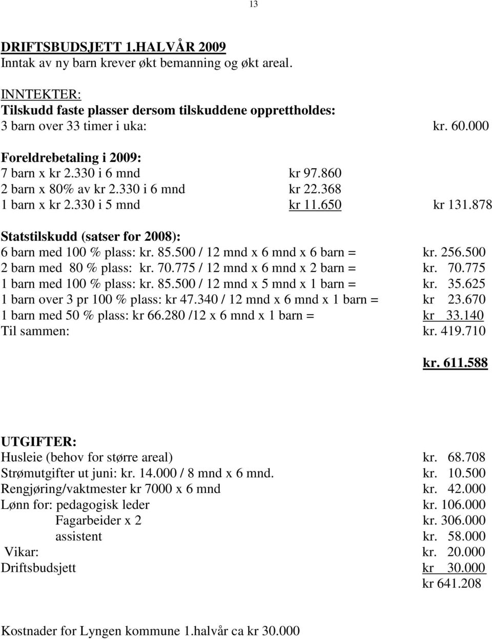 878 Statstilskudd (satser for 2008): 6 barn med 100 % plass: kr. 85.500 / 12 mnd x 6 mnd x 6 barn = kr. 256.500 2 barn med 80 % plass: kr. 70.775 / 12 mnd x 6 mnd x 2 barn = kr. 70.775 1 barn med 100 % plass: kr.