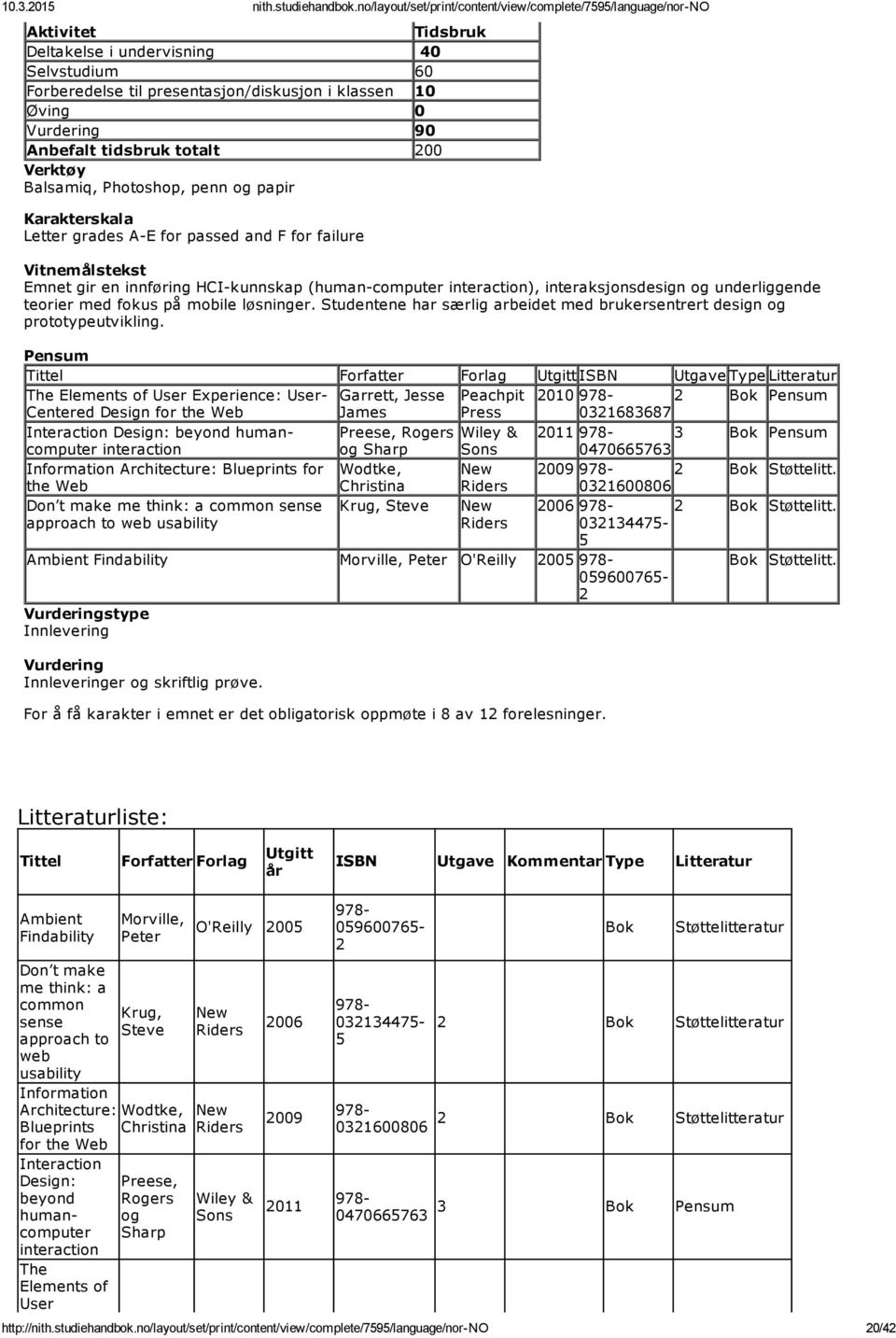 Tittel Forfatter Forlag Utgitt ISBN Utgave Type Litteratur The Elements of User Experience: User Garrett, Jesse Peachpit 2010 978 2 Bok Centered Design for the Web James Press 0321683687 Interaction