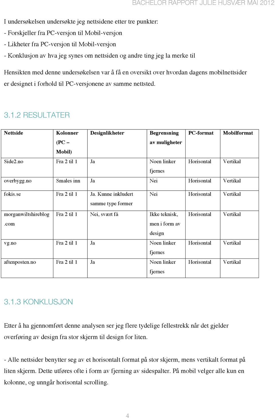 2 RESULTATER Nettside Kolonner Designlikheter Begrensning PC-format Mobilformat (PC Mobil) av muligheter Side2.no Fra 2 til 1 Ja Noen linker Horisontal Vertikal fjernes overbygg.