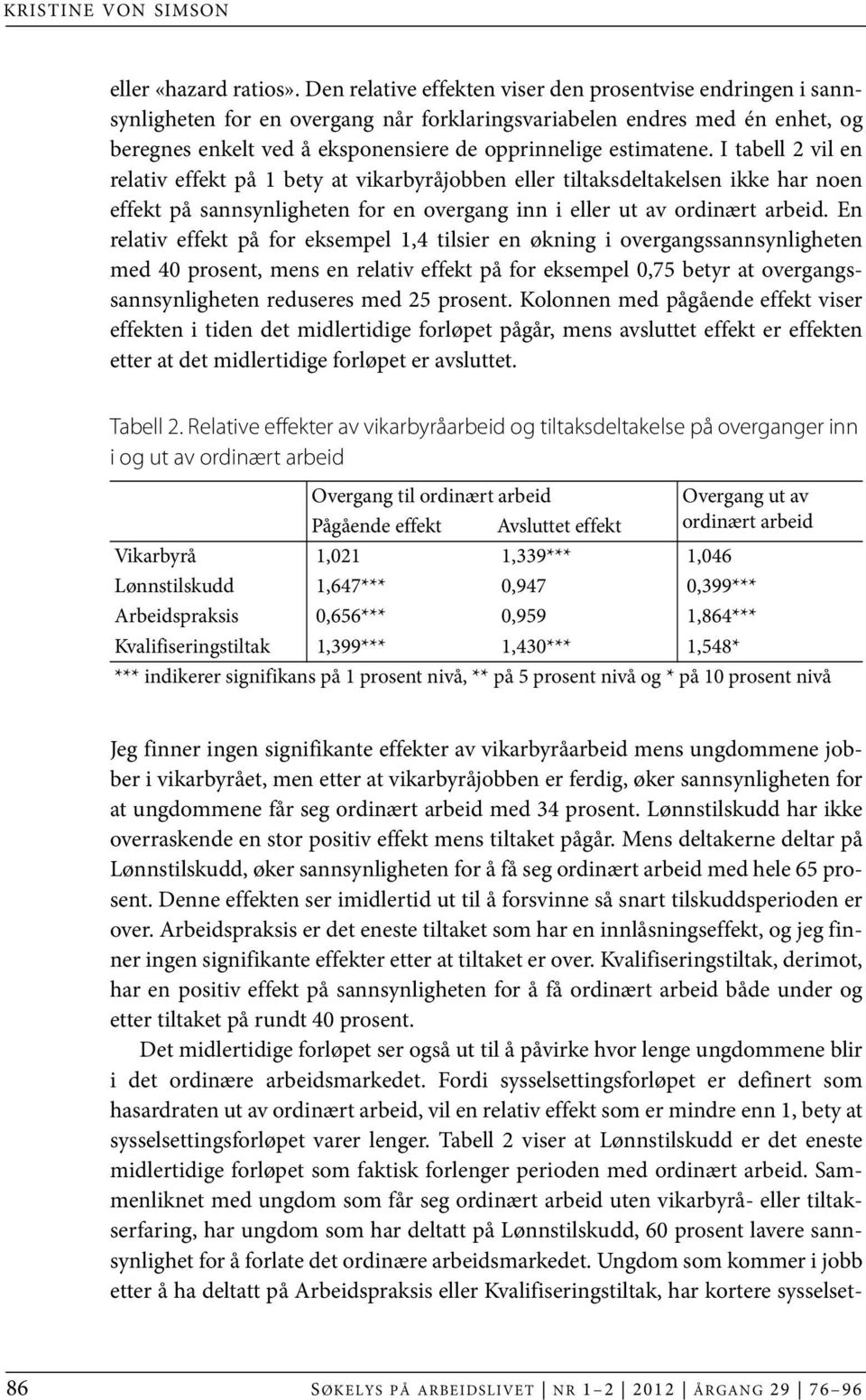 estimatene. I tabell 2 vil en relativ effekt på 1 bety at vikarbyråjobben eller tiltaksdeltakelsen ikke har noen effekt på sannsynligheten for en overgang inn i eller ut av ordinært arbeid.