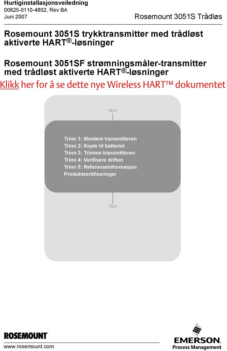 Wireless HART dokumentet Start Trinn 1: Montere transmitteren Trinn 2: Kople til batteriet Trinn 3: