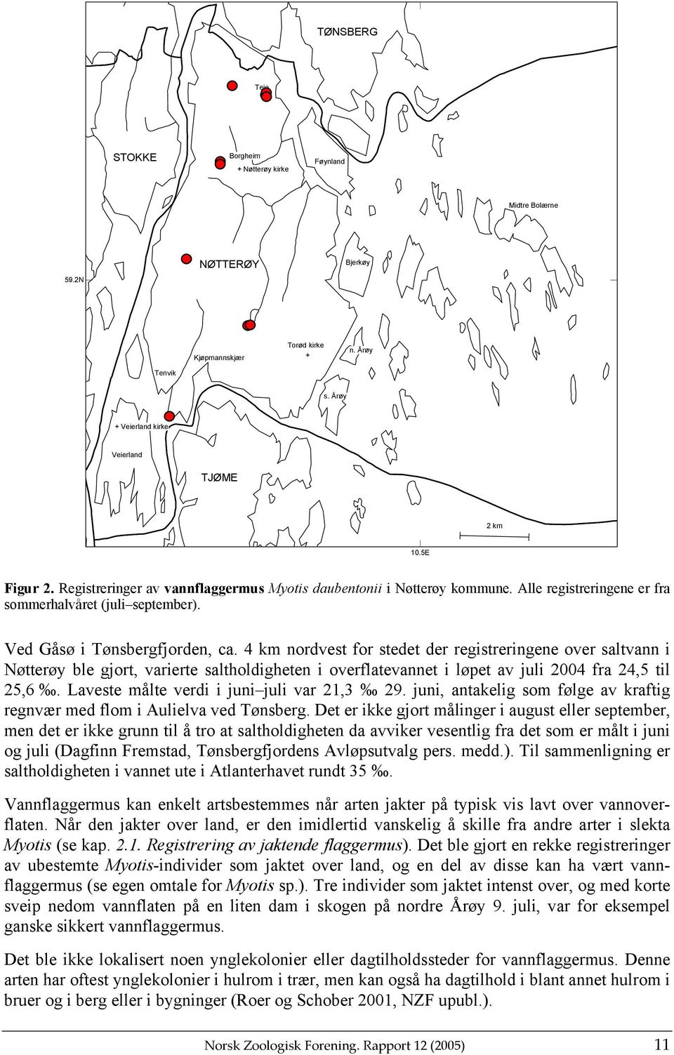 4 km nordvest for stedet der registreringene over saltvann i Nøtterøy ble gjort, varierte saltholdigheten i overflatevannet i løpet av juli 2004 fra 24,5 til 25,6.