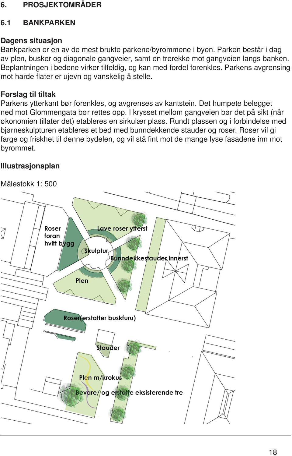 Parkens avgrensing mot harde fl ater er ujevn og vanskelig å stelle. Forslag til tiltak Parkens ytterkant bør forenkles, og avgrenses av kantstein.