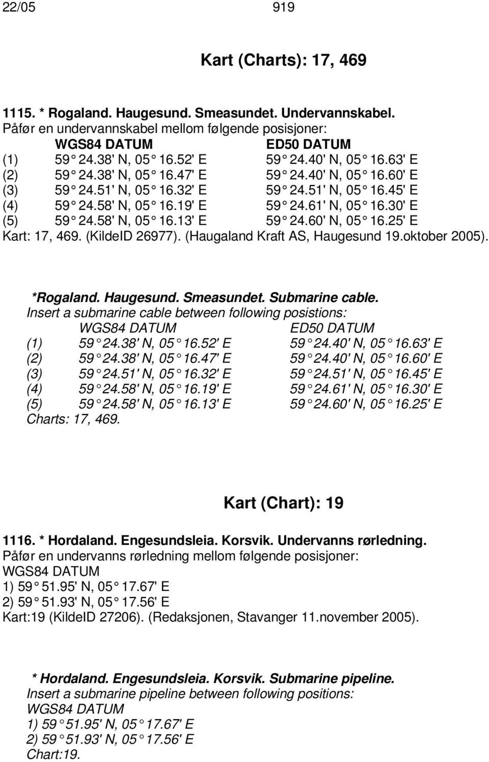 25'E Kart: 17, 469. (KildeID 26977). (Haugaland Kraft AS, Haugesund 19.oktober 2005). *Rogaland. Haugesund. Smeasundet. Submarine cable.