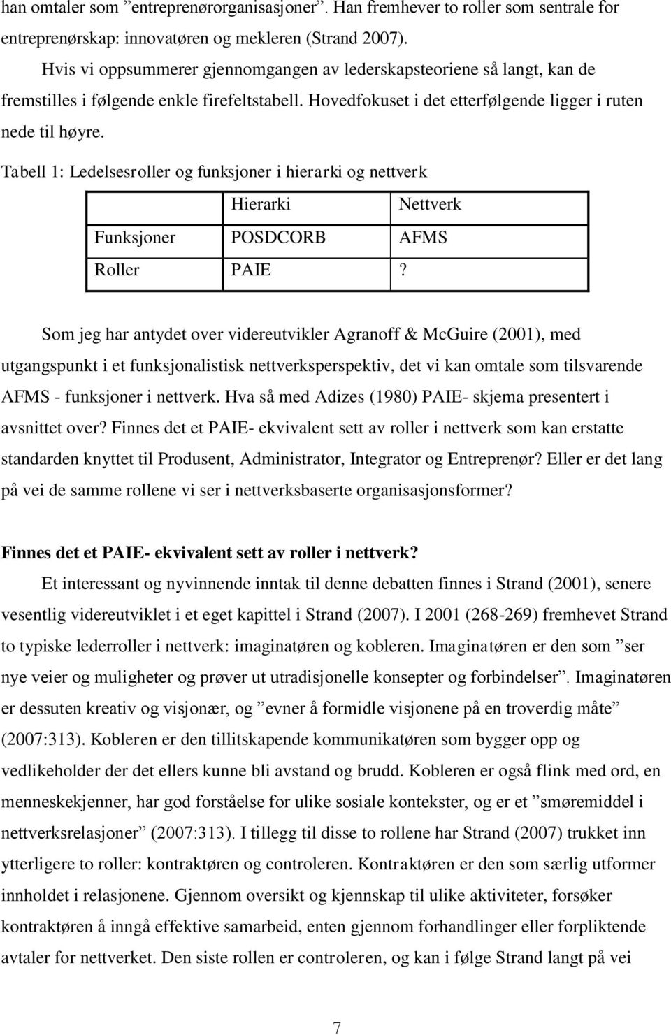 Tabell 1: Ledelsesroller og funksjoner i hierarki og nettverk Hierarki Nettverk Funksjoner POSDCORB AFMS Roller PAIE?