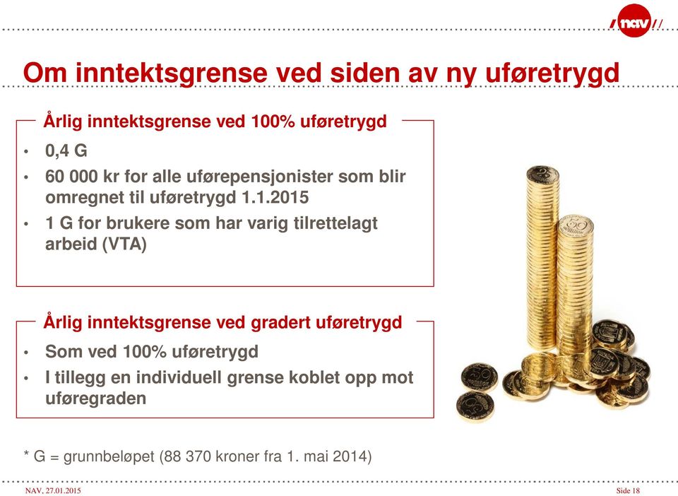 1.2015 1 G for brukere som har varig tilrettelagt arbeid (VTA) Årlig inntektsgrense ved gradert uføretrygd