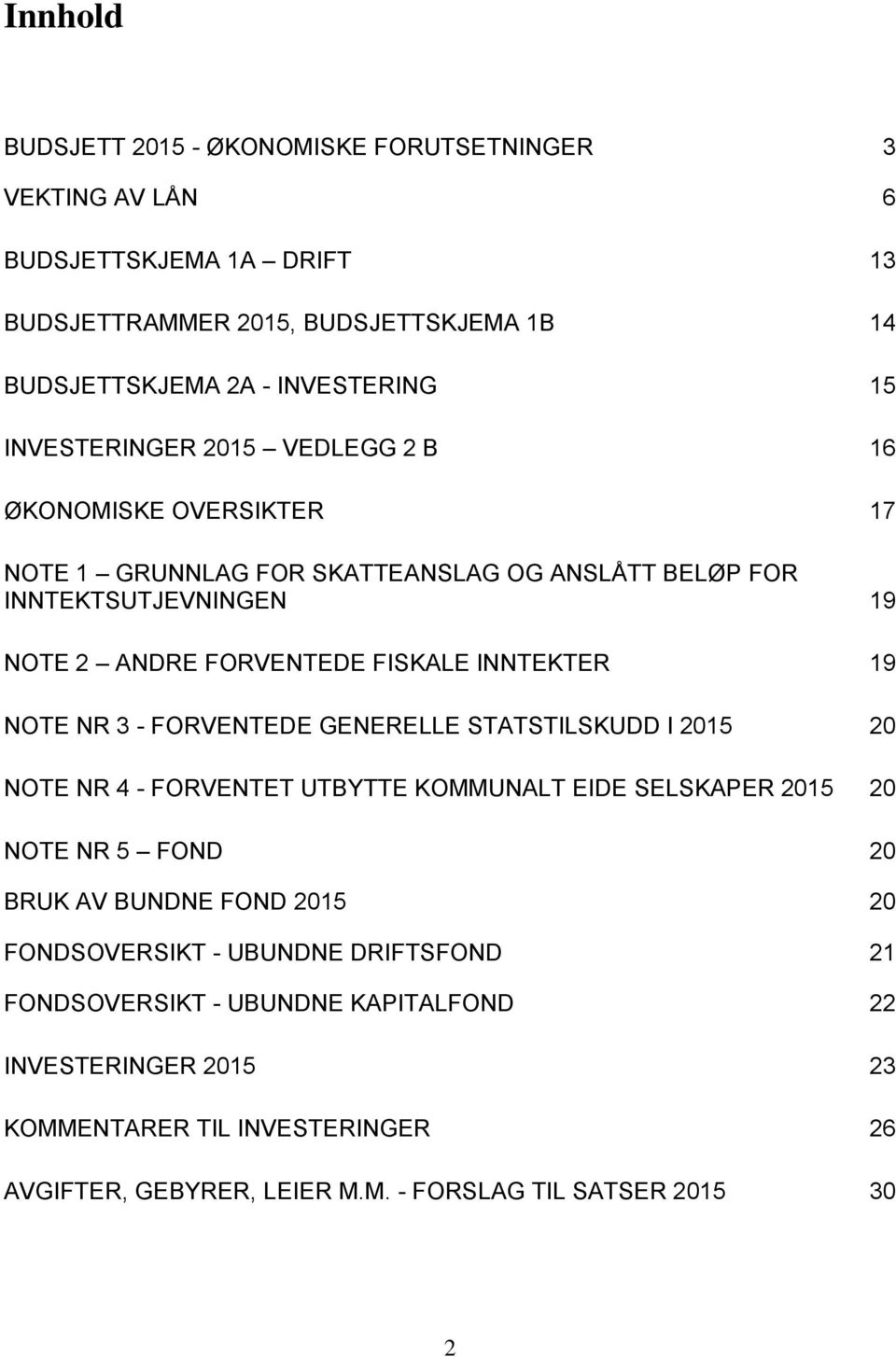 19 NOTE NR 3 - FORVENTEDE GENERELLE STATSTILSKUDD I 2015 20 NOTE NR 4 - FORVENTET UTBYTTE KOMMUNALT EIDE SELSKAPER 2015 20 NOTE NR 5 FOND 20 BRUK AV BUNDNE FOND 2015 20