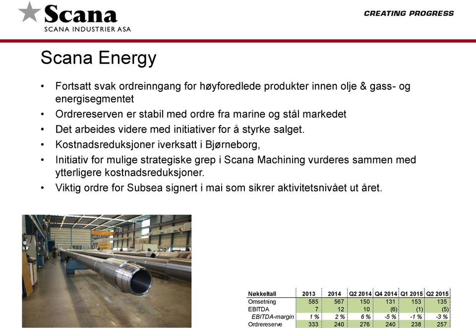 Kostnadsreduksjoner iverksatt i Bjørneborg, Initiativ for mulige strategiske grep i Scana Machining vurderes sammen med ytterligere kostnadsreduksjoner.