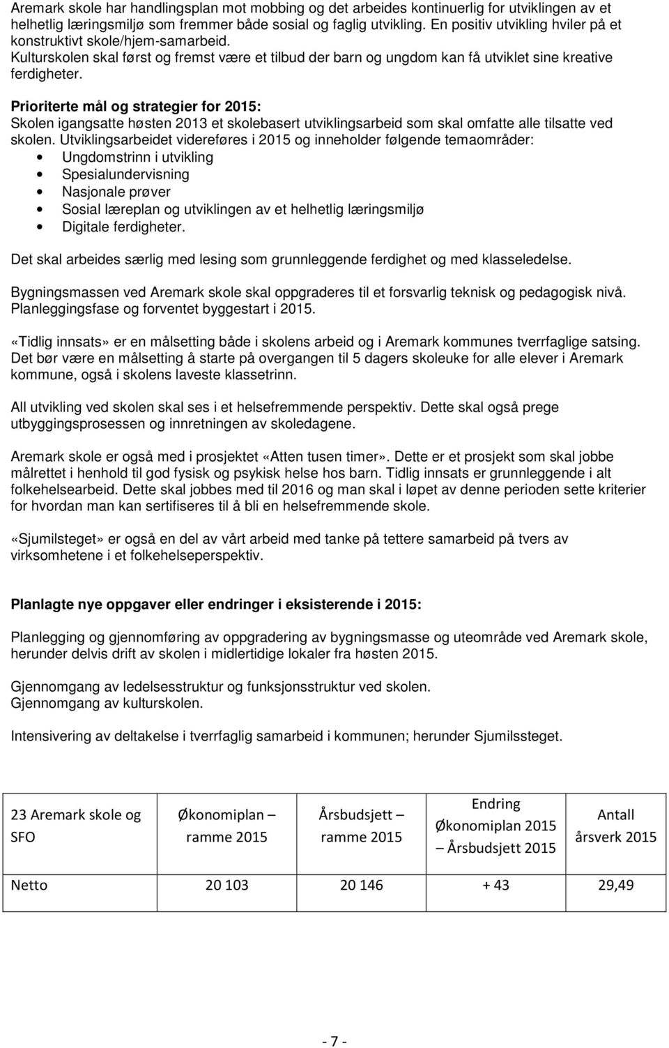 Prioriterte mål og strategier for 2015: Skolen igangsatte høsten 2013 et skolebasert utviklingsarbeid som skal omfatte alle tilsatte ved skolen.