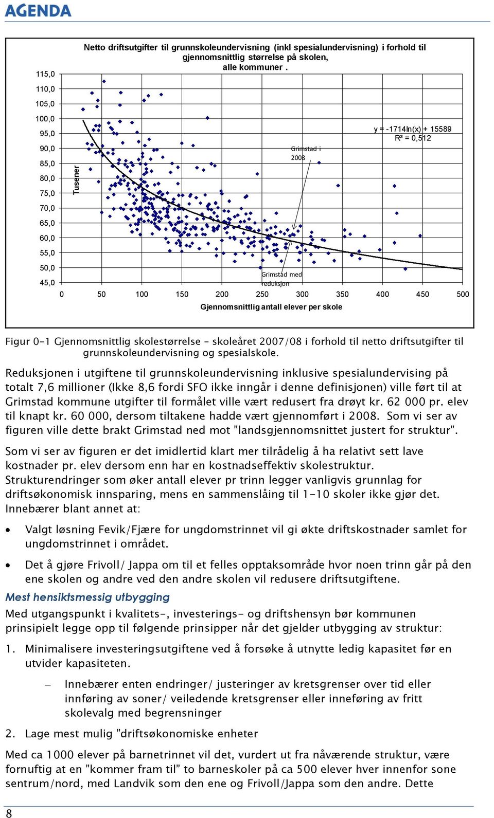 Gjennomsnittlig antall elever per skole Figur 0-1 Gjennomsnittlig skolestørrelse skoleåret 2007/08 i forhold til netto driftsutgifter til grunnskoleundervisning og spesialskole.