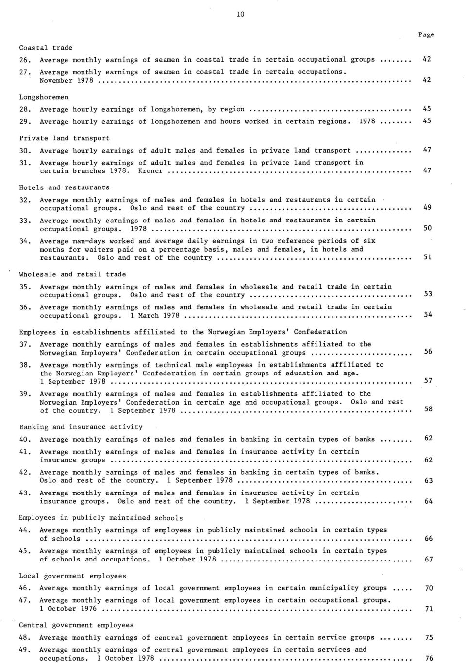 1978 45 Private land transport 30. Average hourly earnings of adult males and females in private land transport 47 31.