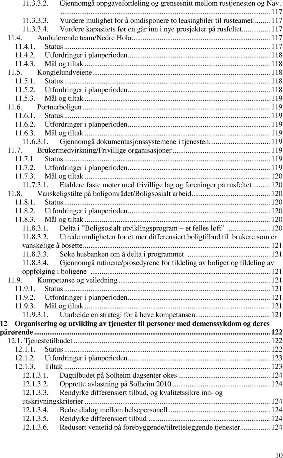 .. 118 11.5. Konglelundveiene... 118 11.5.1. Status... 118 11.5.2. Utfordringer i planperioden... 118 11.5.3. Mål og tiltak... 119 11.6. Portnerboligen... 119 11.6.1. Status... 119 11.6.2. Utfordringer i planperioden... 119 11.6.3. Mål og tiltak... 119 11.6.3.1. Gjennomgå dokumentasjonssystemene i tjenesten.