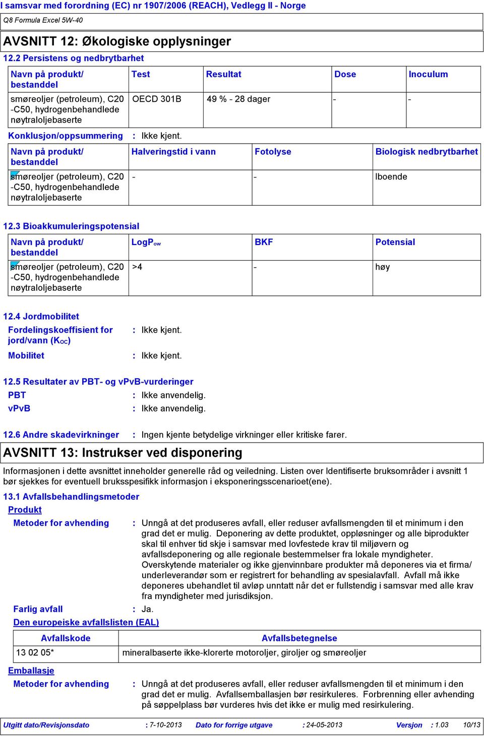 % 28 dager Halveringstid i vann Fotolyse Biologisk nedbrytbarhet Iboende 12.3 Bioakkumuleringspotensial smøreoljer (petroleum), C20 C50, hydrogenbehandlede LogPow BKF Potensial >4 høy 12.