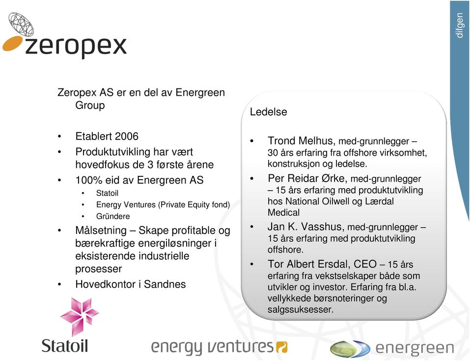 virksomhet, konstruksjon og ledelse. Per Reidar Ørke, med-grunnlegger 15 års erfaring med produktutvikling hos National Oilwell og Lærdal Medical Jan K.