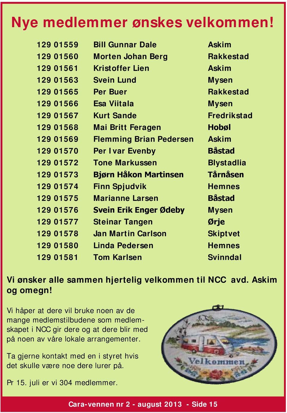 Kurt Sande Fredrikstad 129 01568 Mai Britt Feragen Hobøl 129 01569 Flemming Brian Pedersen Askim 129 01570 Per Ivar Evenby Båstad 129 01572 Tone Markussen Blystadlia 129 01573 Bjørn Håkon Martinsen