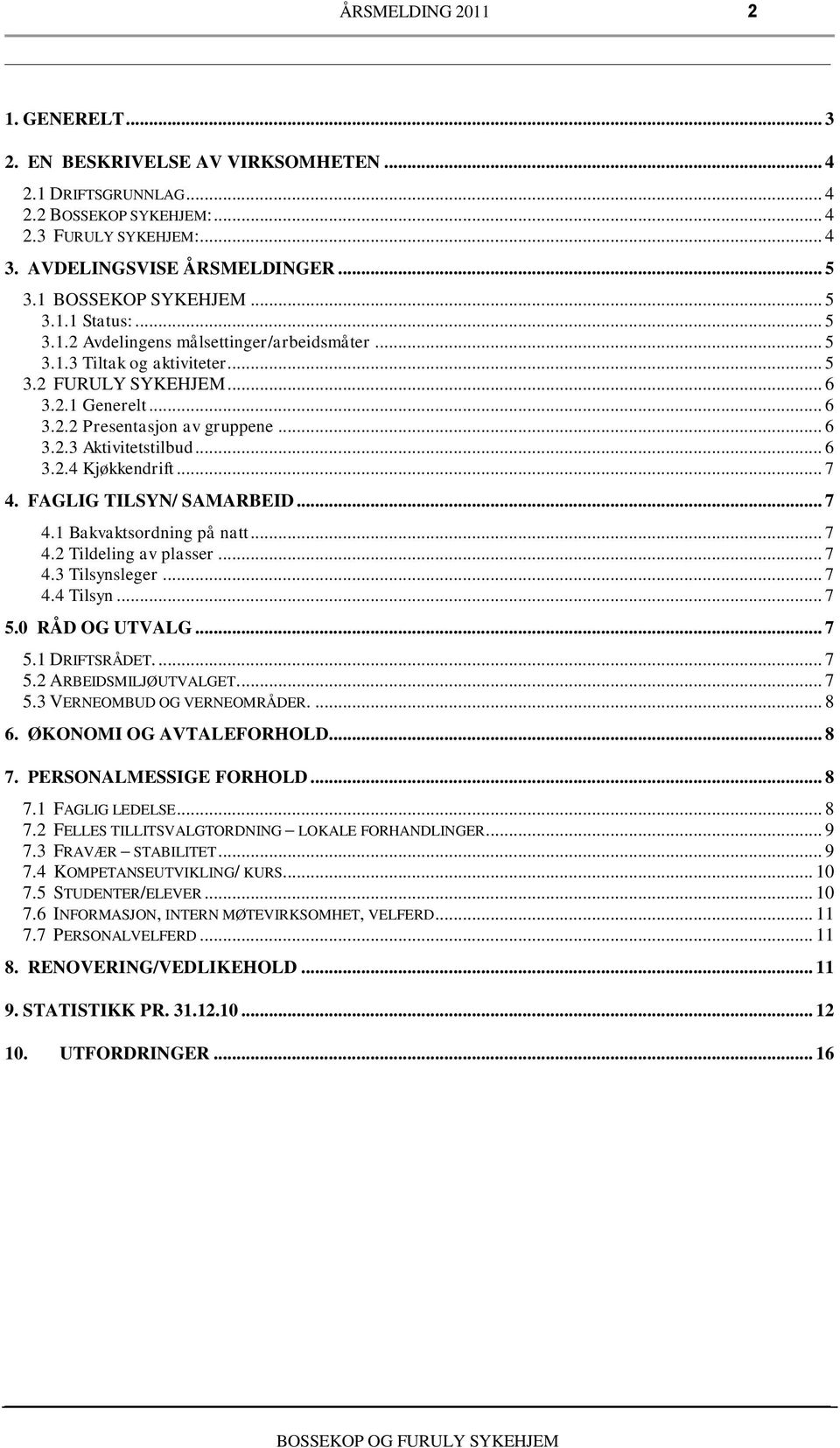 .. 6..4 Kjøkkendrift... 7 4. FAGLIG TILSYN/ SAMARBEID... 7 4. Bakvaktsordning på natt... 7 4. Tildeling av plasser... 7 4. Tilsynsleger... 7 4.4 Tilsyn... 7 5. RÅD OG UTVALG... 7 5. DRIFTSRÅDET.... 7 5. ARBEIDSMILJØUTVALGET.