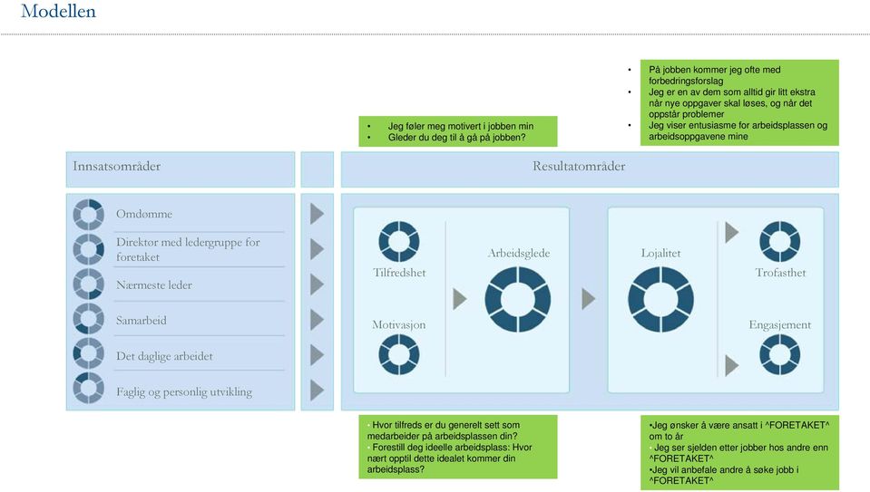 arbeidsoppgavene mine Innsatsområder Resultatområder Omdømme Direktør med ledergruppe for foretaket Nærmeste leder Tilfredshet Arbeidsglede Lojalitet Trofasthet Samarbeid Motivasjon Engasjement Det
