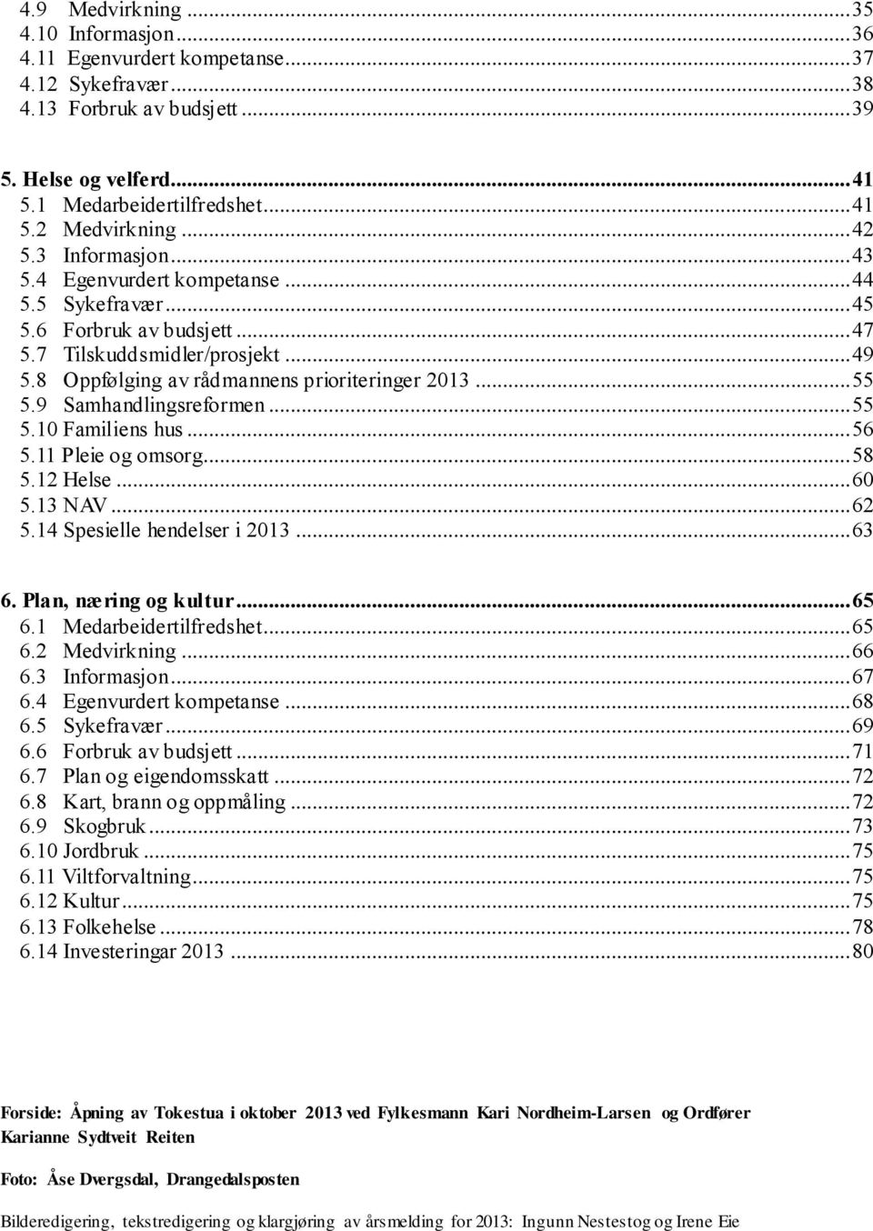 .. 55 5.9 Samhandlingsreformen... 55 5.10 Familiens hus... 56 5.11 Pleie og omsorg... 58 5.12 Helse... 60 5.13 NAV... 62 5.14 Spesielle hendelser i 2013... 63 6. Plan, næring og kultur... 65 6.