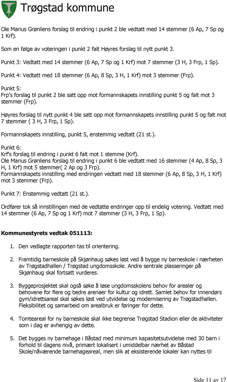 Punkt 5: Frp s forslag til punkt 2 ble satt opp mot formannskapets innstilling punkt 5 og falt mot 3 stemmer (Frp).