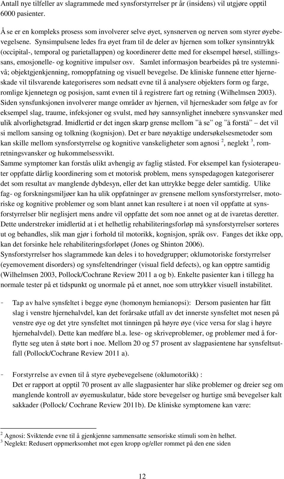 Synsimpulsene ledes fra øyet fram til de deler av hjernen som tolker synsinntrykk (occipital-, temporal og parietallappen) og koordinerer dette med for eksempel hørsel, stillingssans, emosjonelle- og