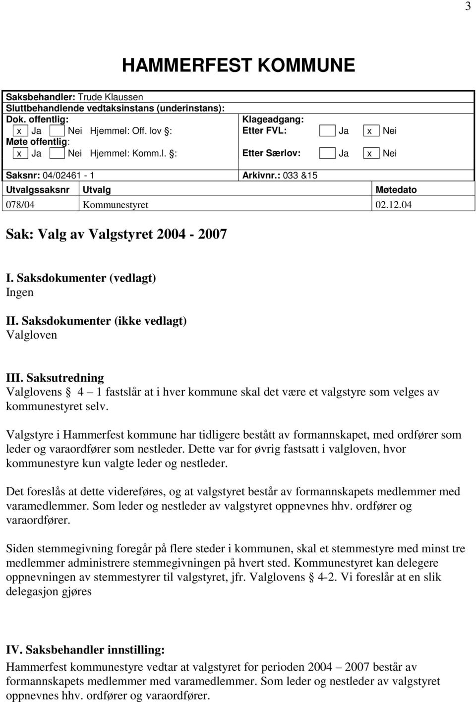 04 Sak: Valg av Valgstyret 2004-2007 I. Saksdokumenter (vedlagt) Ingen II. Saksdokumenter (ikke vedlagt) Valgloven III.