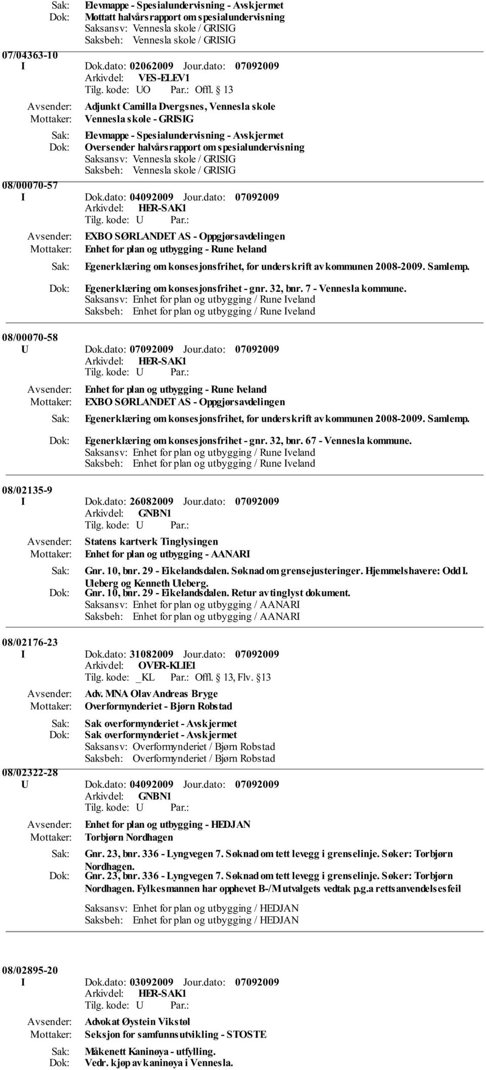 dato: 04092009 Jour.dato: EXBO SØRLANDET AS - Oppgjørsavdelingen Enhet for plan og utbygging - Rune Iveland Egenerklæring om konsesjonsfrihet, for underskrift av kommunen 2008-2009. Samlemp.