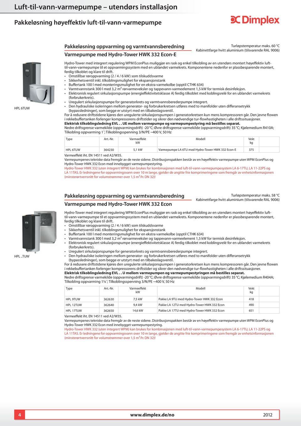 60 C Kabinettfarge hvitt aluminium (tilsvarende RAL 9006) HPL 6TUW Hydro-Tower med integrert regulering WPM EconPlus muliggjør en rask og enkel tilkobling av en utendørs montert høyeffektiv