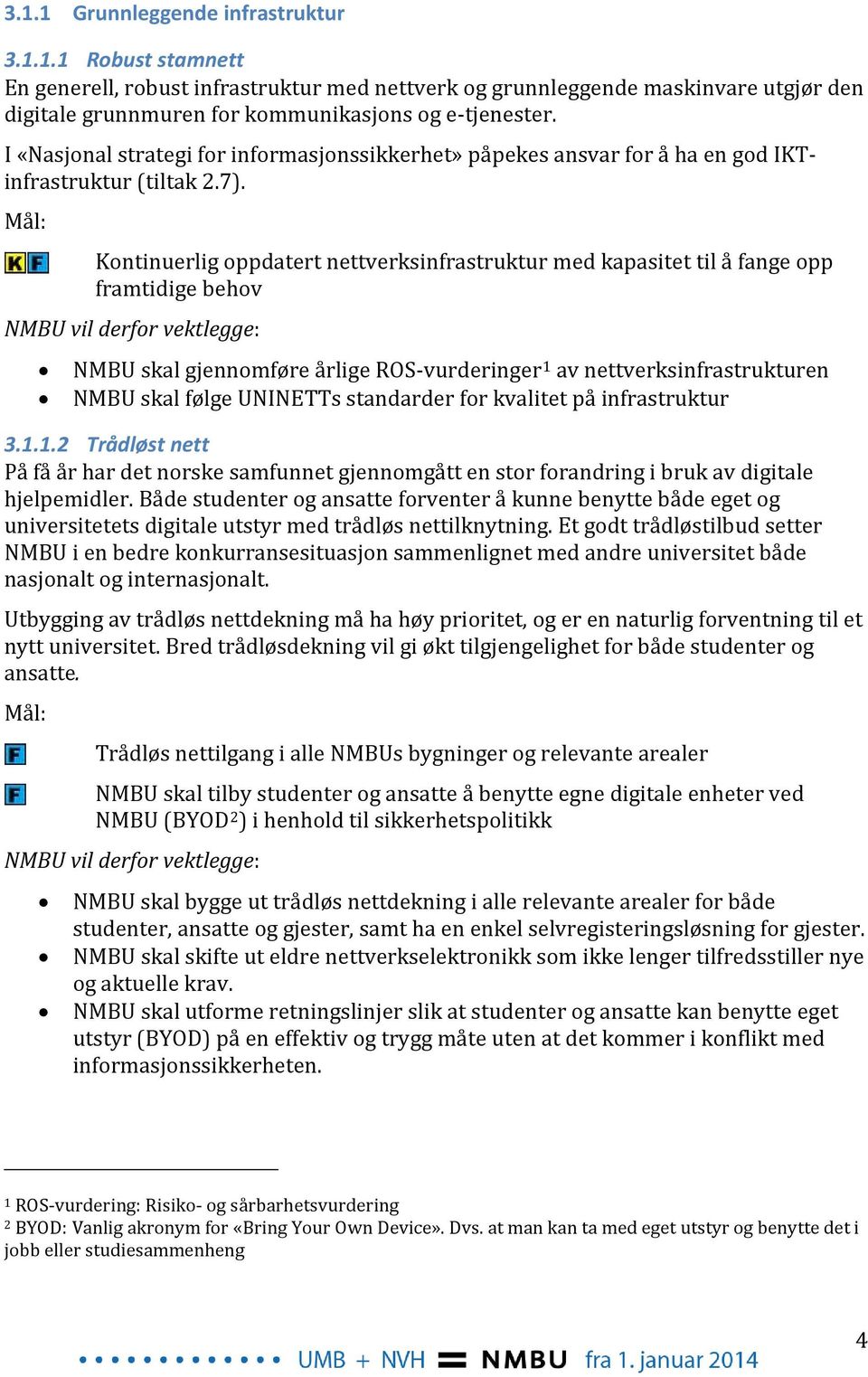 Mål: Kontinuerlig oppdatert nettverksinfrastruktur med kapasitet til å fange opp framtidige behov NMBU skal gjennomføre årlige ROS-vurderinger 1 av nettverksinfrastrukturen NMBU skal følge UNINETTs