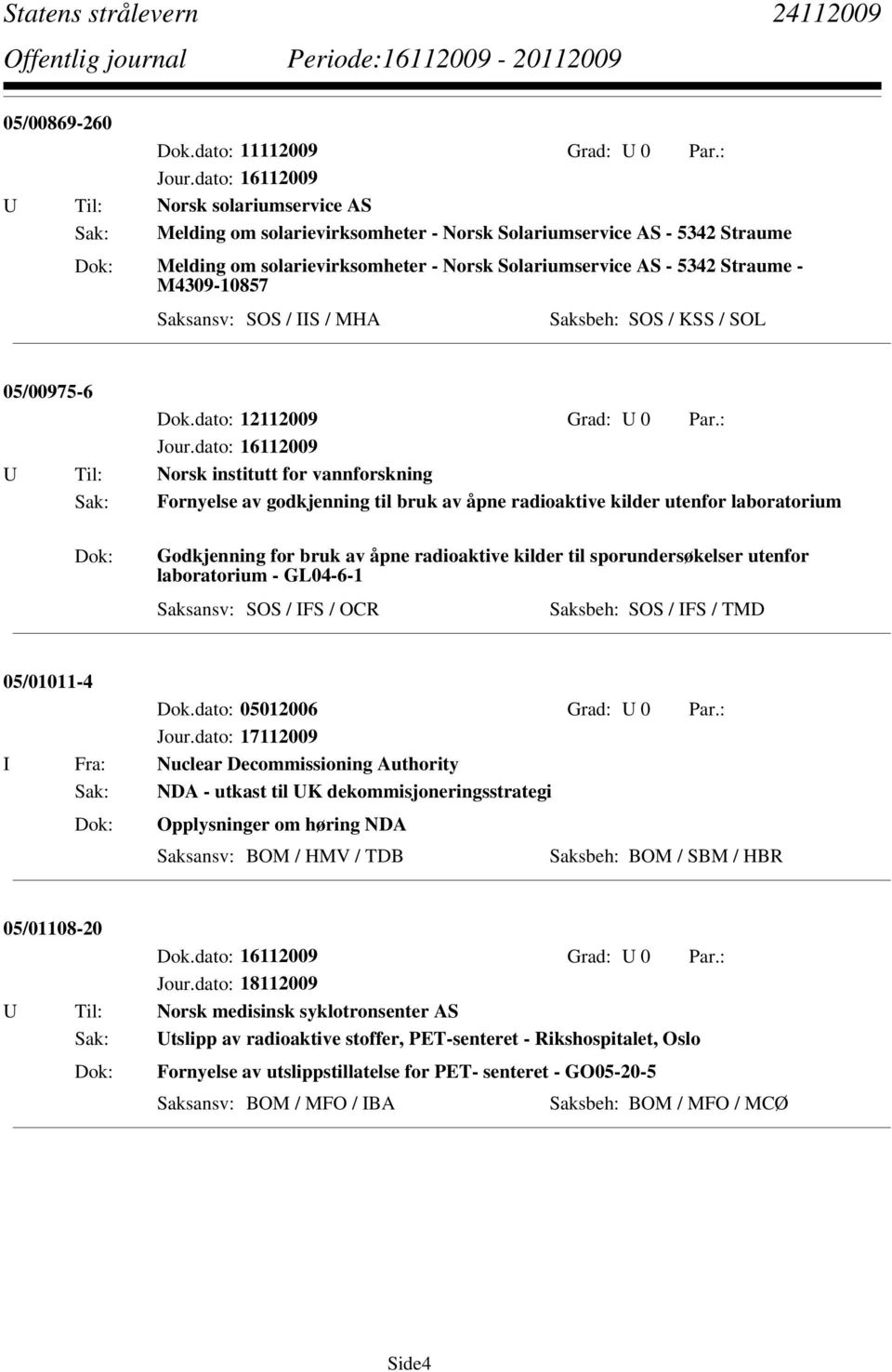 Saksansv: SOS / IIS / MHA Saksbeh: SOS / KSS / SOL 05/00975-6 Dok.dato: 12112009 Grad: U 0 Par.