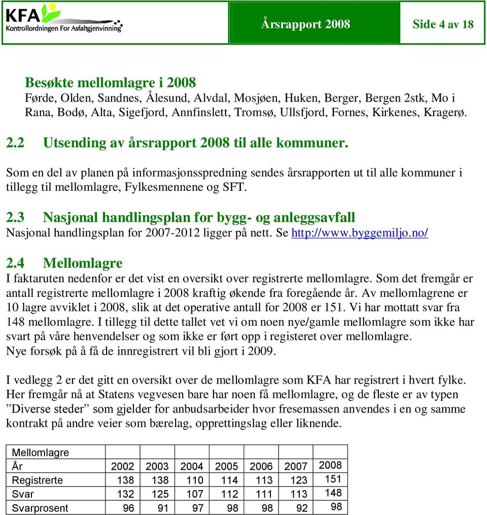 Som en del av planen på informasjonsspredning sendes årsrapporten ut til alle kommuner i tillegg til mellomlagre, Fylkesmennene og SFT. 2.