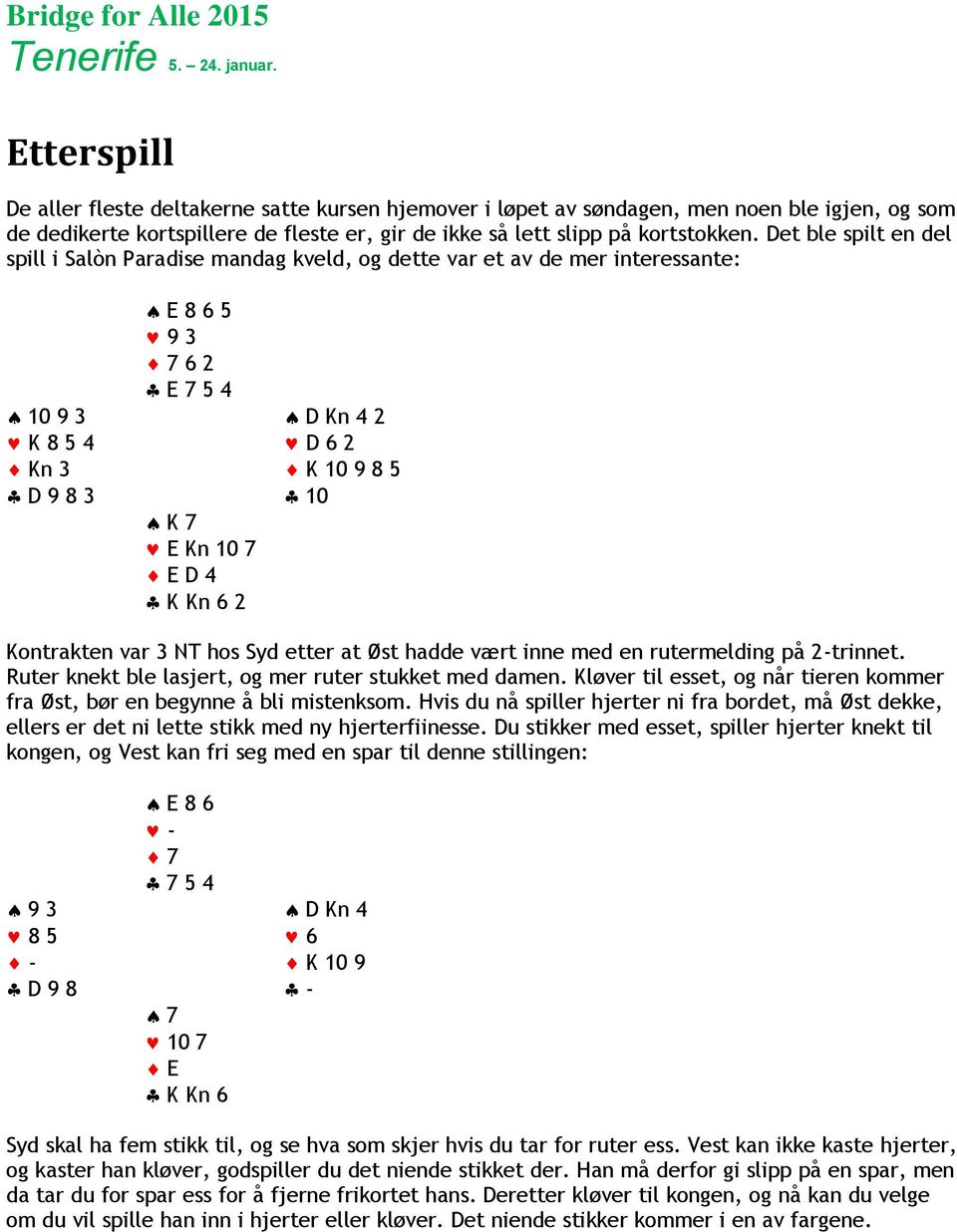 Kn 6 2 10 Kontrakten var 3 NT hos Syd etter at Øst hadde vært inne med en rutermelding på 2-trinnet. Ruter knekt ble lasjert, og mer ruter stukket med damen.