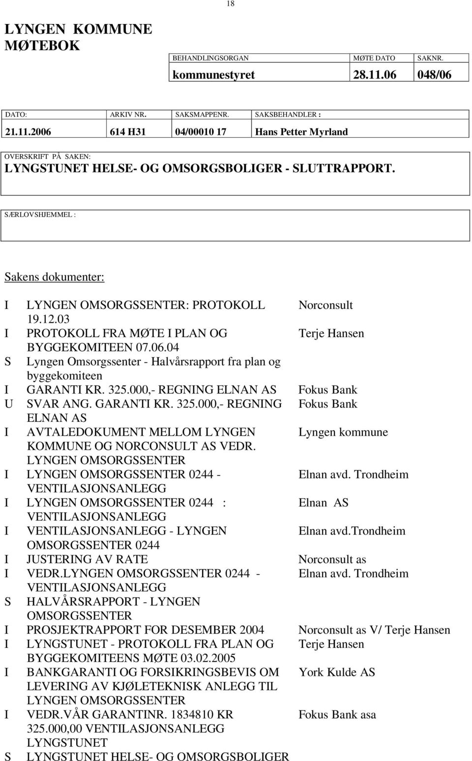 04 S Lyngen Omsorgssenter - Halvårsrapport fra plan og byggekomiteen I GARANTI KR. 325.000,- REGNING ELNAN AS Fokus Bank U SVAR ANG. GARANTI KR. 325.000,- REGNING Fokus Bank ELNAN AS I AVTALEDOKUMENT MELLOM LYNGEN Lyngen kommune KOMMUNE OG NORCONSULT AS VEDR.