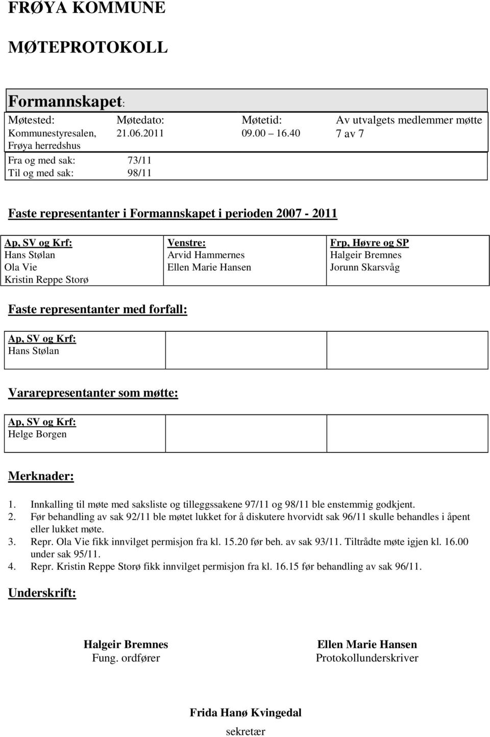 Frp, Høyre og SP Halgeir Bremnes Jorunn Skarsvåg Faste representanter med forfall: Ap, SV og Krf: Hans Stølan Vararepresentanter som møtte: Ap, SV og Krf: Helge Borgen Merknader: 1.