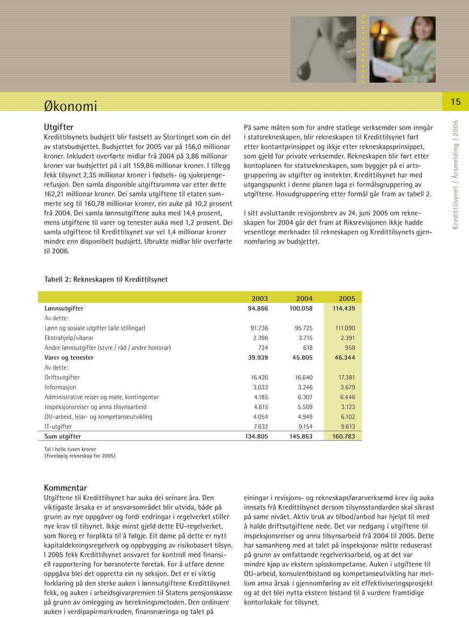 Den samla disponible utgiftsramma var etter dette 162,21 millionar kroner. Dei samla utgiftene til etaten summerte seg til 160,78 millionar kroner, ein auke på 10,2 prosent frå 2004.