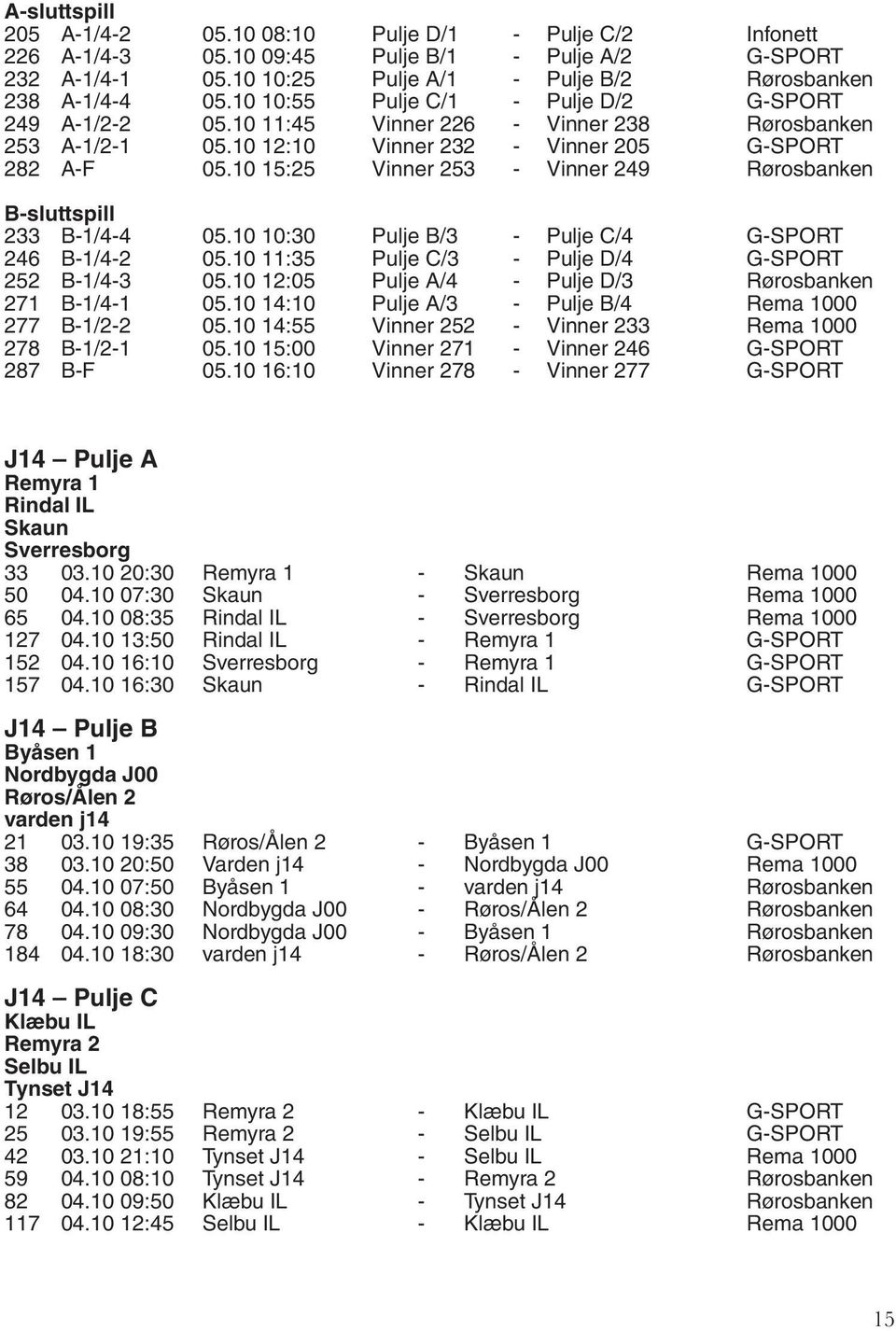 10 15:25 Vinner 253 - Vinner 249 Rørosbanken B-sluttspill 233 B-1/4-4 05.10 10:30 Pulje B/3 - Pulje C/4 G-SPORT 246 B-1/4-2 05.10 11:35 Pulje C/3 - Pulje D/4 G-SPORT 252 B-1/4-3 05.