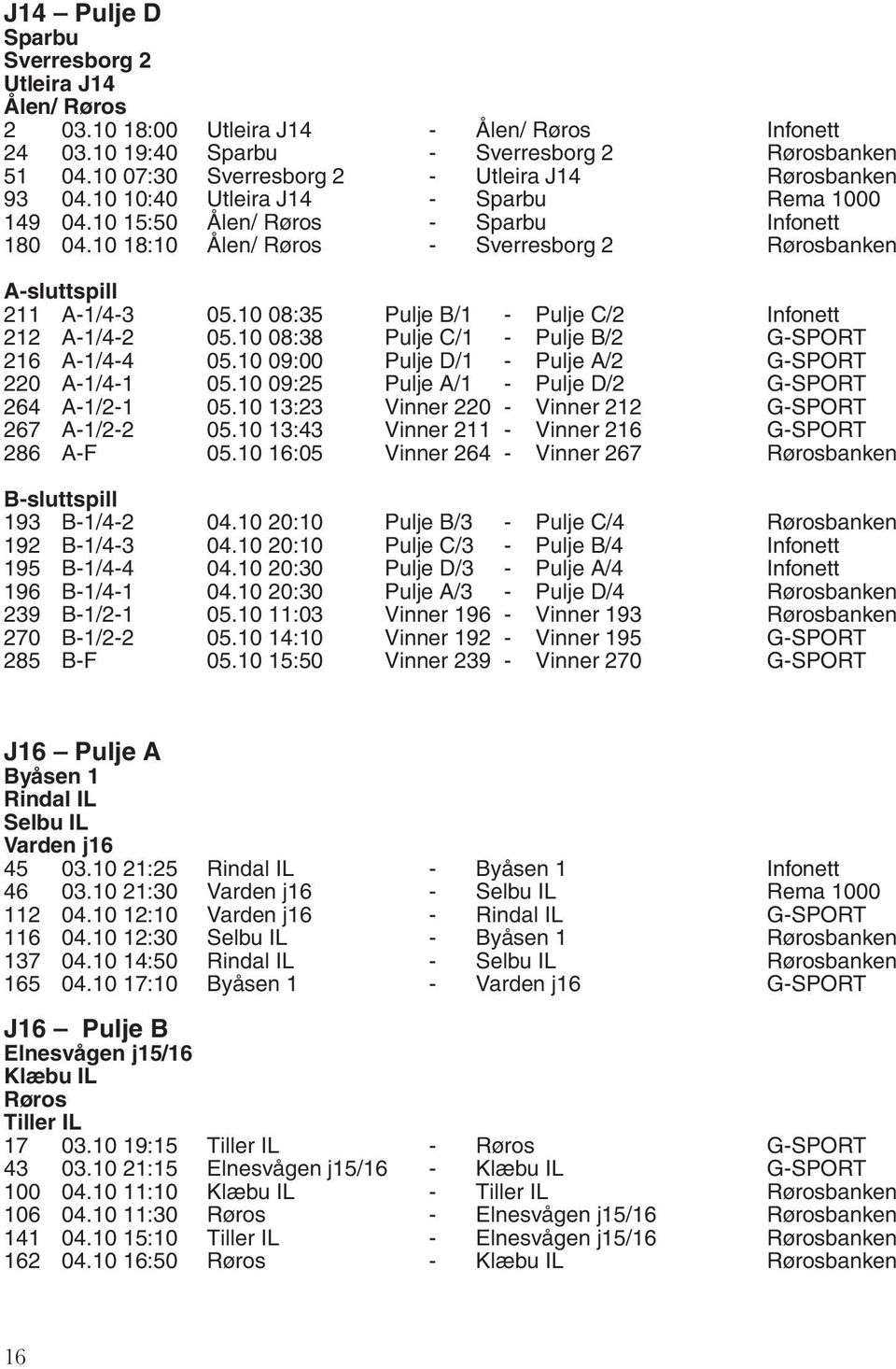 10 18:10 Ålen/ Røros - Sverresborg 2 Rørosbanken A-sluttspill 211 A-1/4-3 05.10 08:35 Pulje B/1 - Pulje C/2 Infonett 212 A-1/4-2 05.10 08:38 Pulje C/1 - Pulje B/2 G-SPORT 216 A-1/4-4 05.