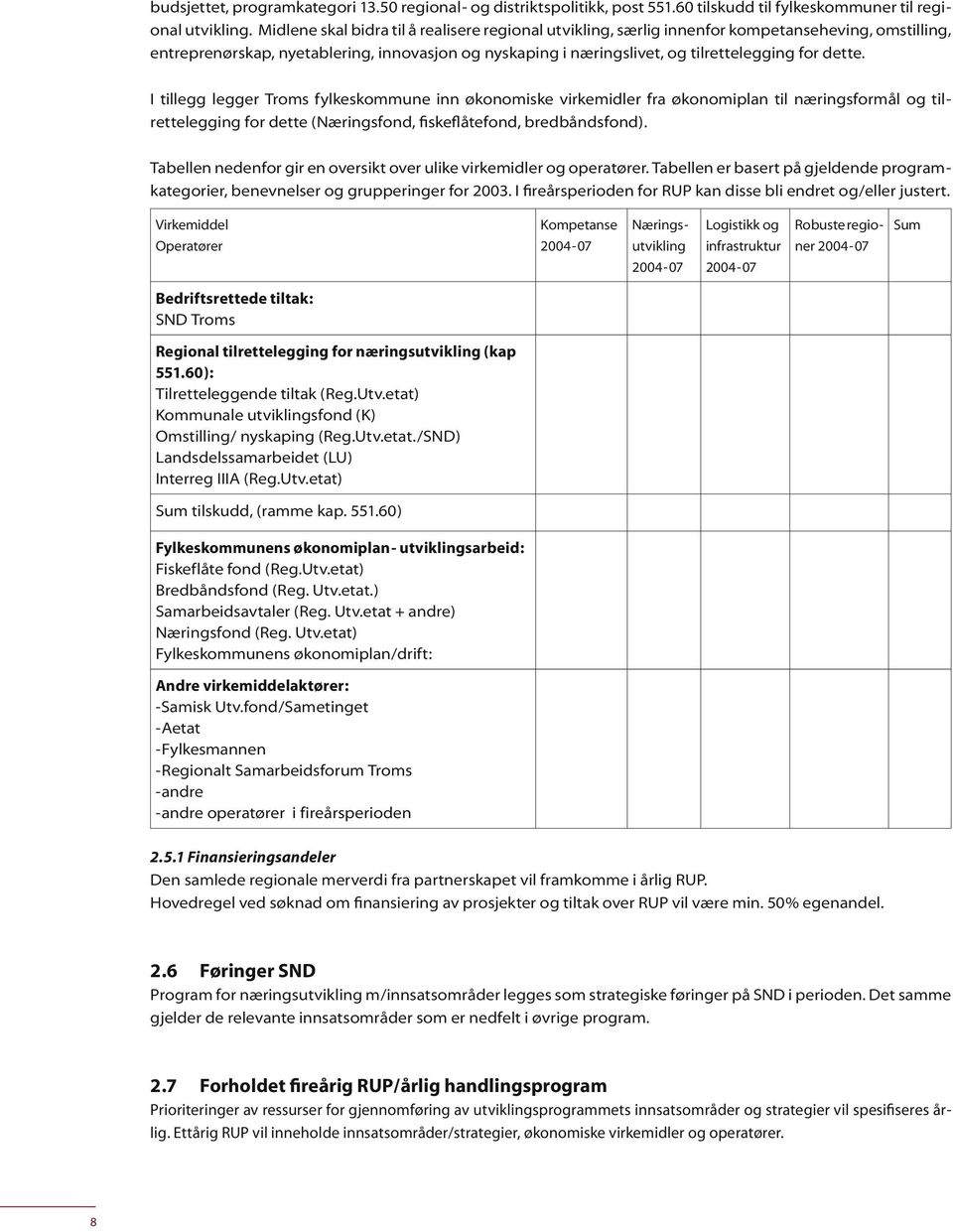 dette. I tillegg legger Troms fylkeskommune inn økonomiske virkemidler fra økonomiplan til næringsformål og tilrettelegging for dette (Næringsfond, fiskeflåtefond, bredbåndsfond).