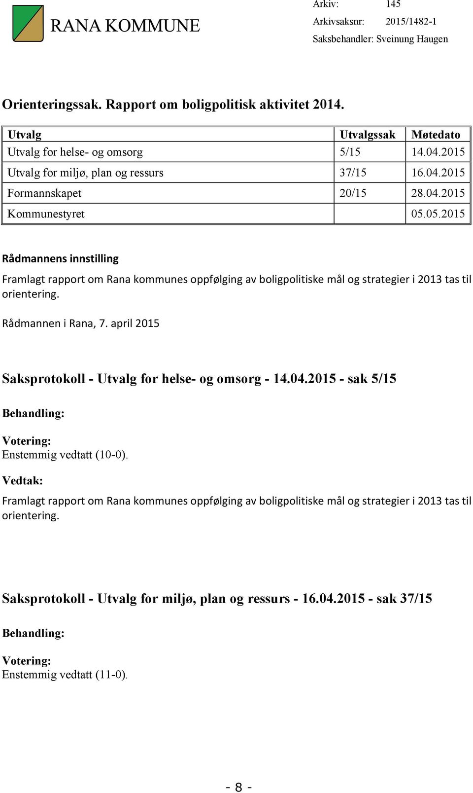 05.2015 Rådmannens innstilling Framlagt rapport om Rana kommunes oppfølging av boligpolitiske mål og strategier i 2013 tas til orientering. Rådmannen i Rana, 7.