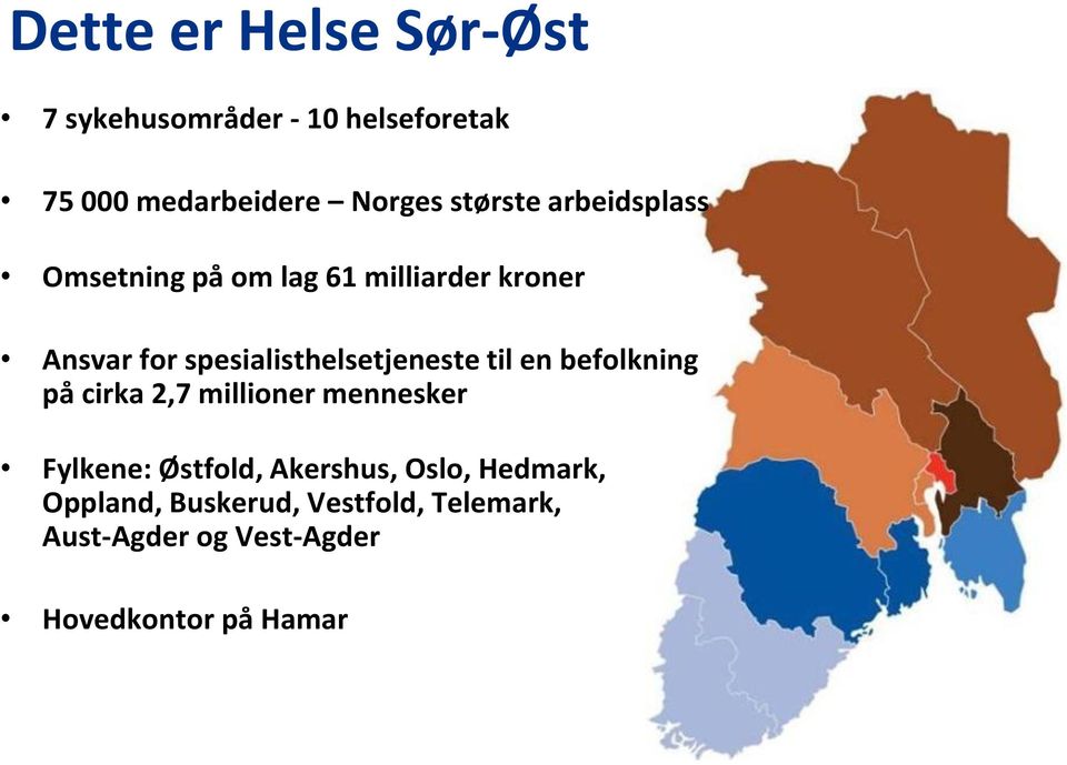 spesialisthelsetjeneste til en befolkning på cirka 2,7 millioner mennesker Fylkene: