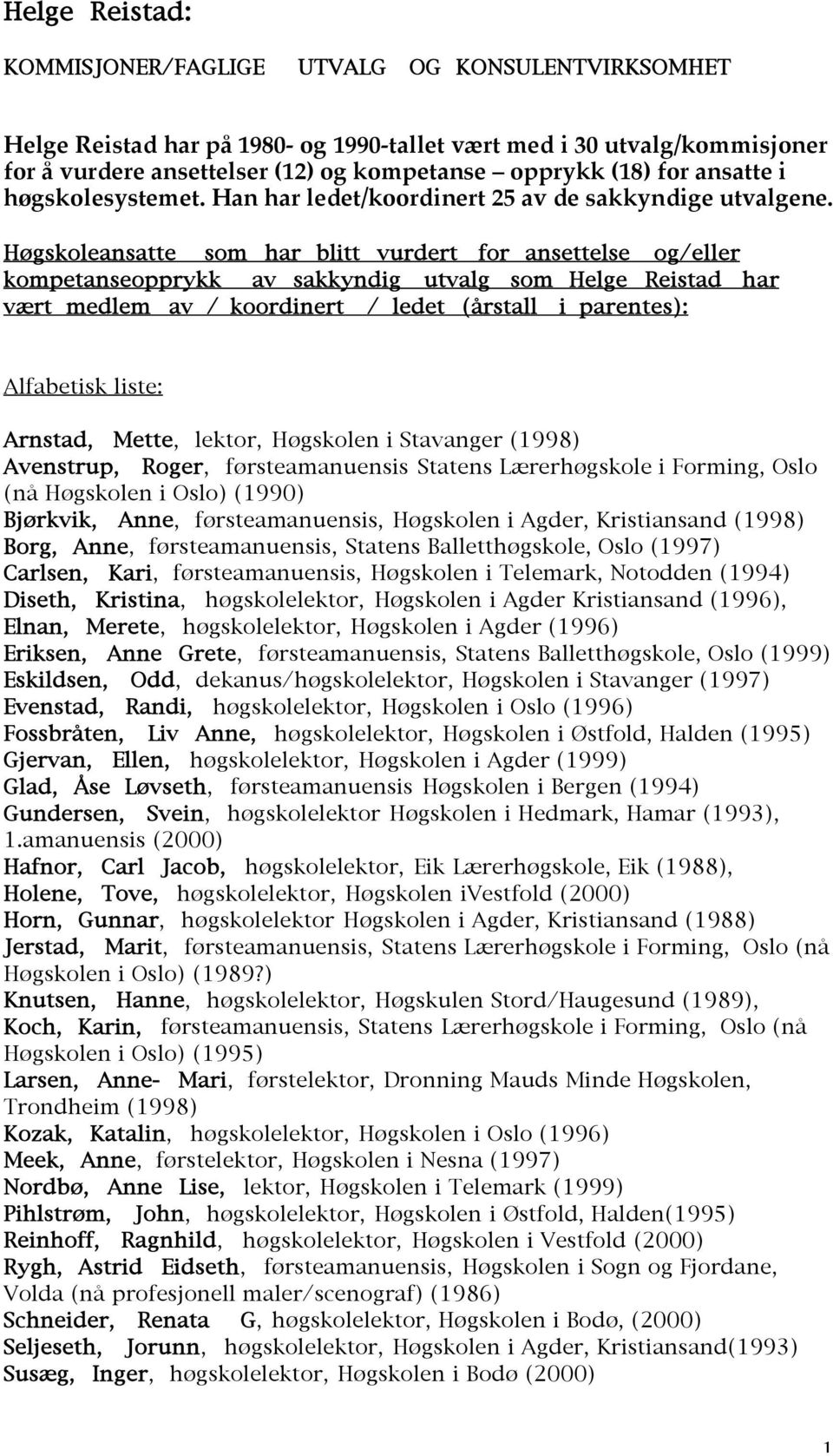 Høgskoleansatte som har blitt vurdert for ansettelse og/eller kompetanseopprykk av sakkyndig utvalg som Helge Reistad har vært medlem av / koordinert / ledet (årstall i parentes): Alfabetisk liste: