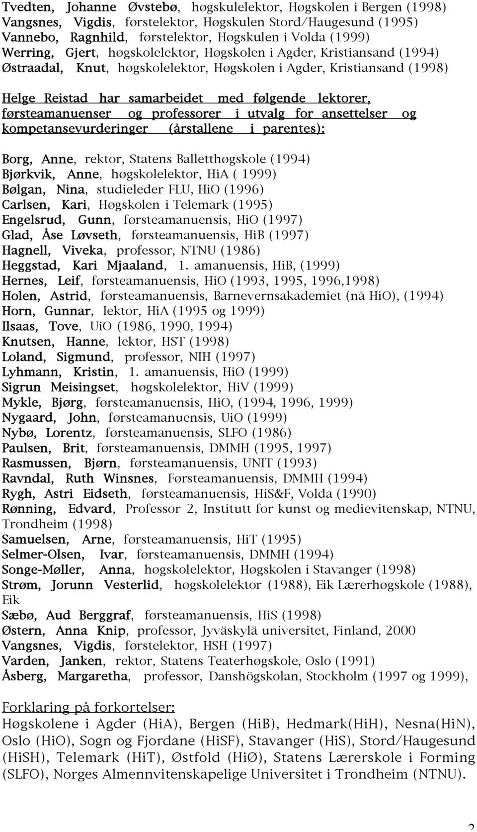 førsteamanuenser og professorer i utvalg for ansettelser og kompetansevurderinger (årstallene i parentes): Borg, Anne, rektor, Statens Balletthøgskole (1994) Bjørkvik, Anne, høgskolelektor, HiA (