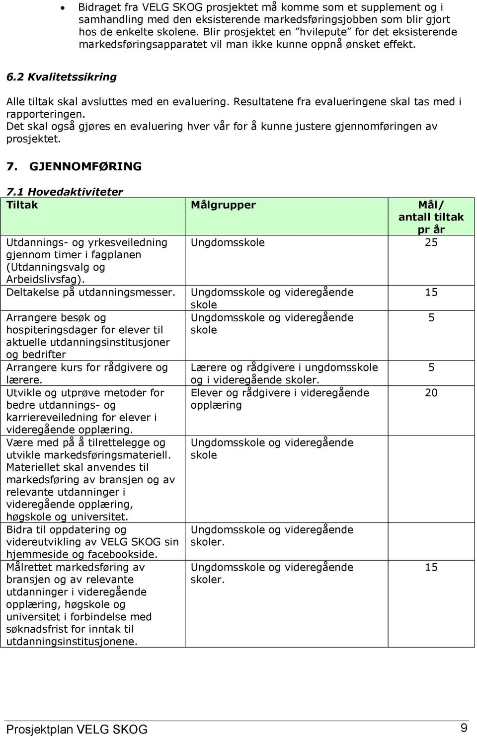 Resultatene fra evalueringene skal tas med i rapporteringen. Det skal også gjøres en evaluering hver vår for å kunne justere gjennomføringen av prosjektet. 7. GJENNOMFØRING 7.