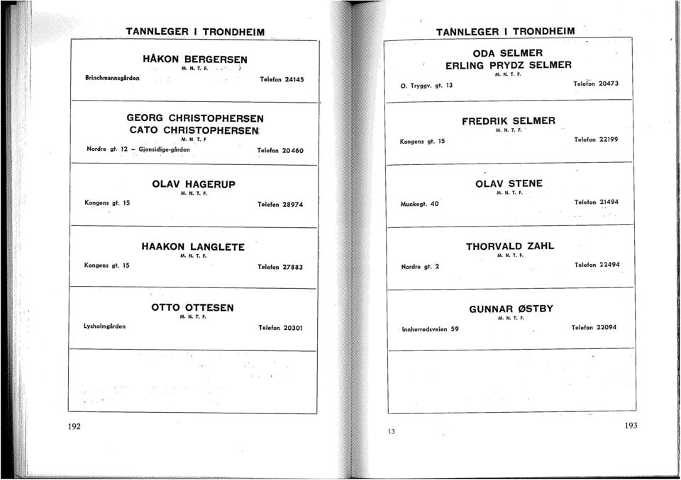 15 Telefon 22199 OLAV HAGERUP M. N. T. F. Kongens gt. 15 Telefon 28974 OLAV STENE ÅA. N. T. F. Munkegt. 40 Telefon 21494 HAAKON LANGLETE M. N. T. F. Kongens gt. 15 Telefon 27883 THORVALD ZAHL M.