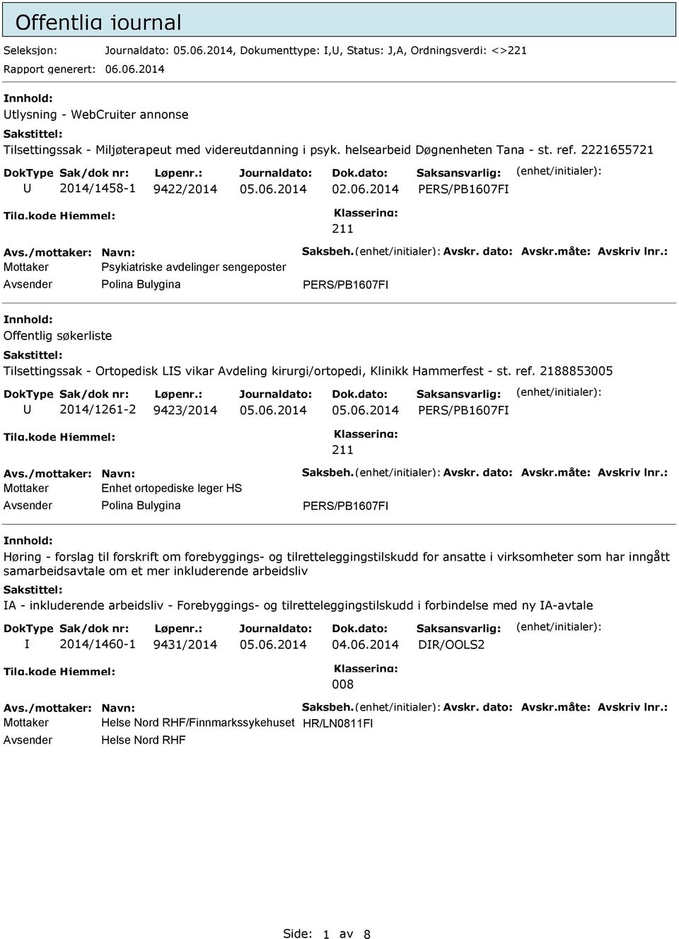 PERS/PB1607F 211 Mottaker Psykiatriske avdelinger sengeposter Avsender Polina Bulygina PERS/PB1607F nnhold: Offentlig søkerliste Tilsettingssak - Ortopedisk LS vikar Avdeling kirurgi/ortopedi,