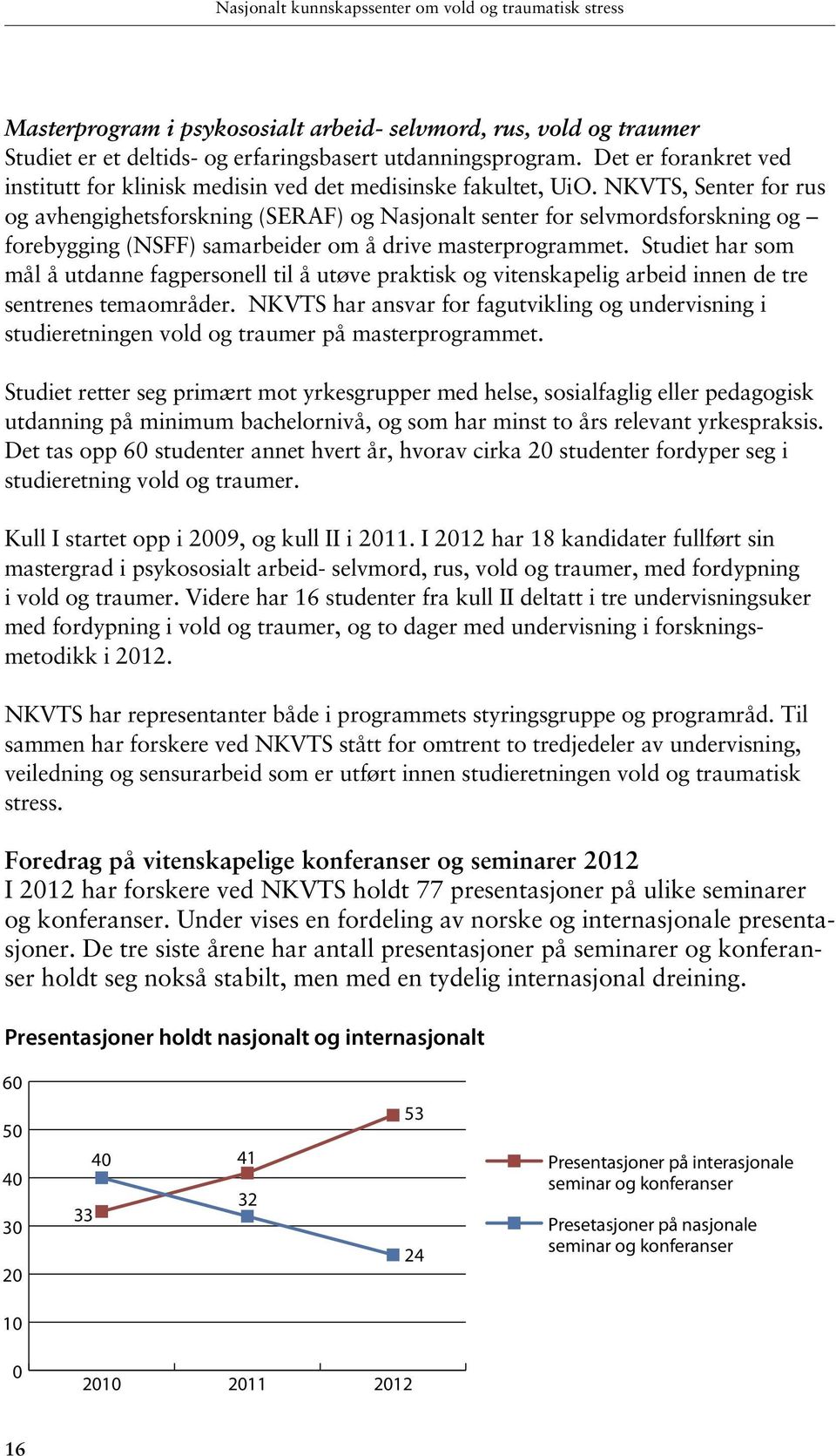 NKVTS, Senter for rus og avhengighetsforskning (SERAF) og Nasjonalt senter for selvmordsforskning og forebygging (NSFF) samarbeider om å drive masterprogrammet.