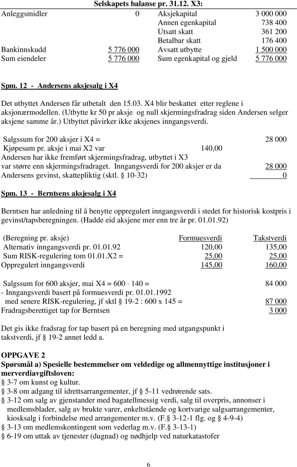 egenkapital og gjeld 5 776 000 Spm. 12 - Andersens aksjesalg i X4 Det utbyttet Andersen får utbetalt den 15.03. X4 blir beskattet etter reglene i aksjonærmodellen.