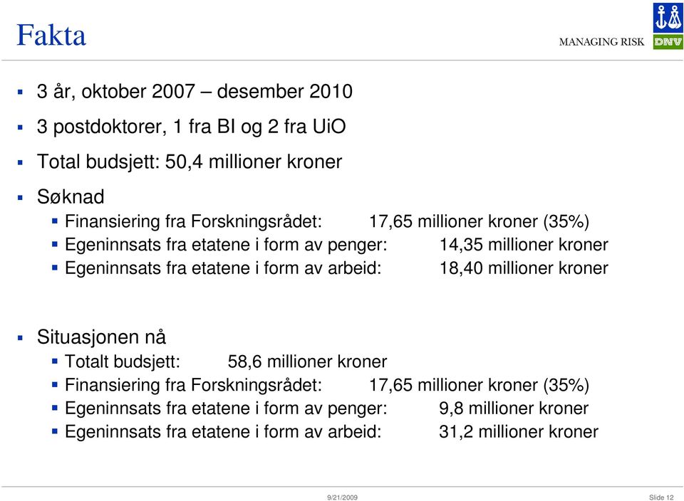 av arbeid: 18,40 millioner kroner Situasjonen nå Totalt budsjett: 58,6 millioner kroner Finansiering fra Forskningsrådet: 17,65 millioner