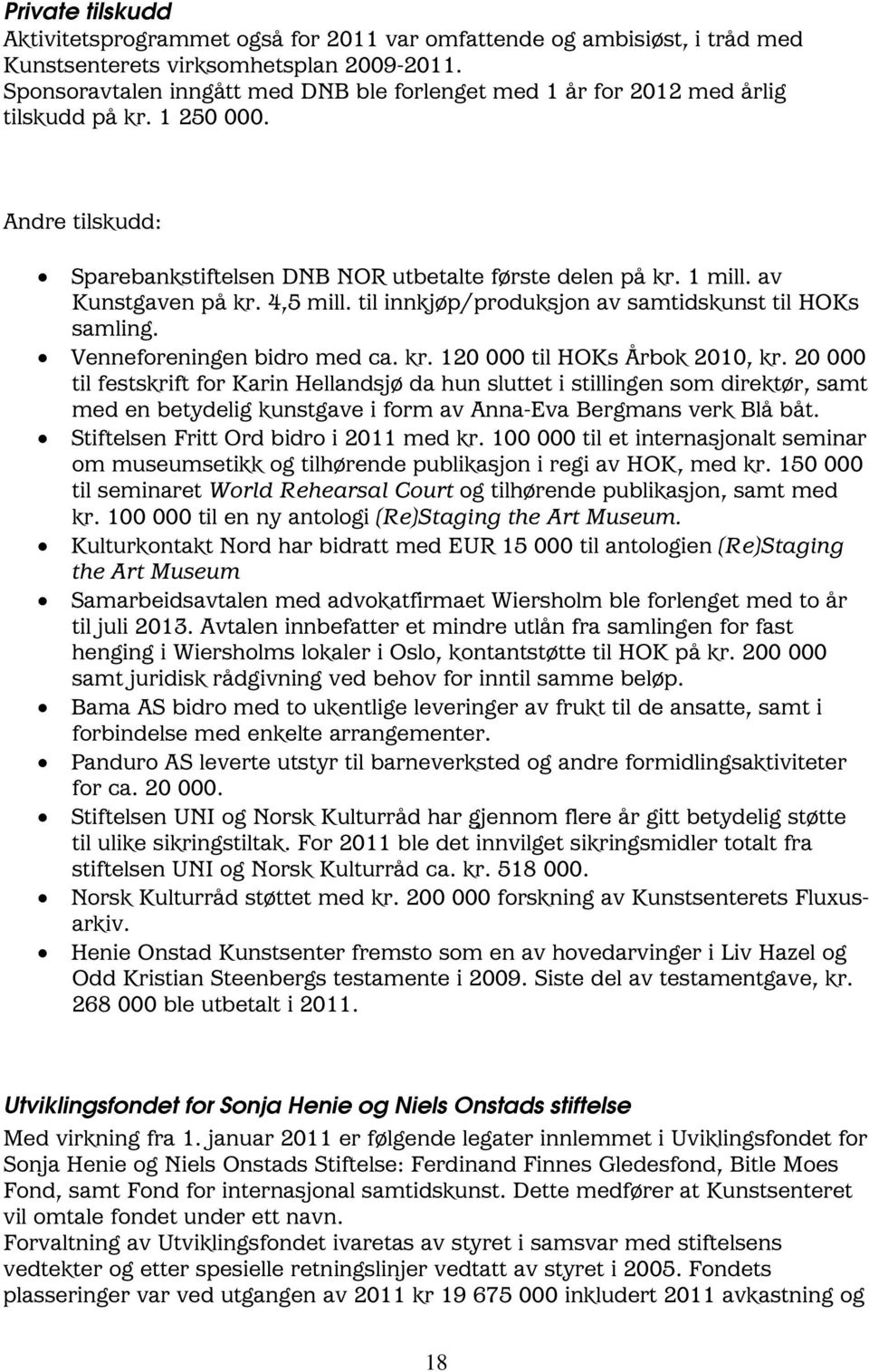 av Kunstgaven på kr. 4,5 mill. til innkjøp/produksjon av samtidskunst til HOKs samling. Venneforeningen bidro med ca. kr. 120 000 til HOKs Årbok 2010, kr.